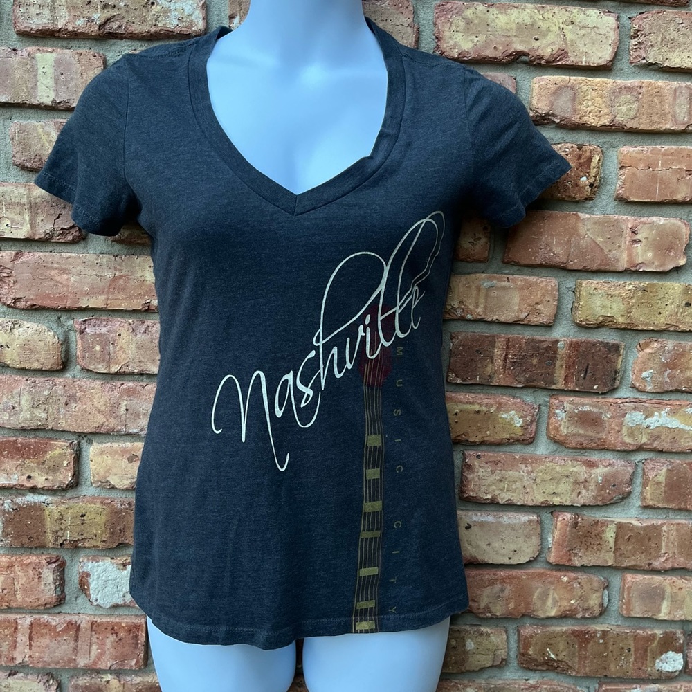 NASHVILLE MUSIC CITY V NECK WOMENS GRAY GUITAR GRAPHIC SHORT SLEEVE T SHIRT